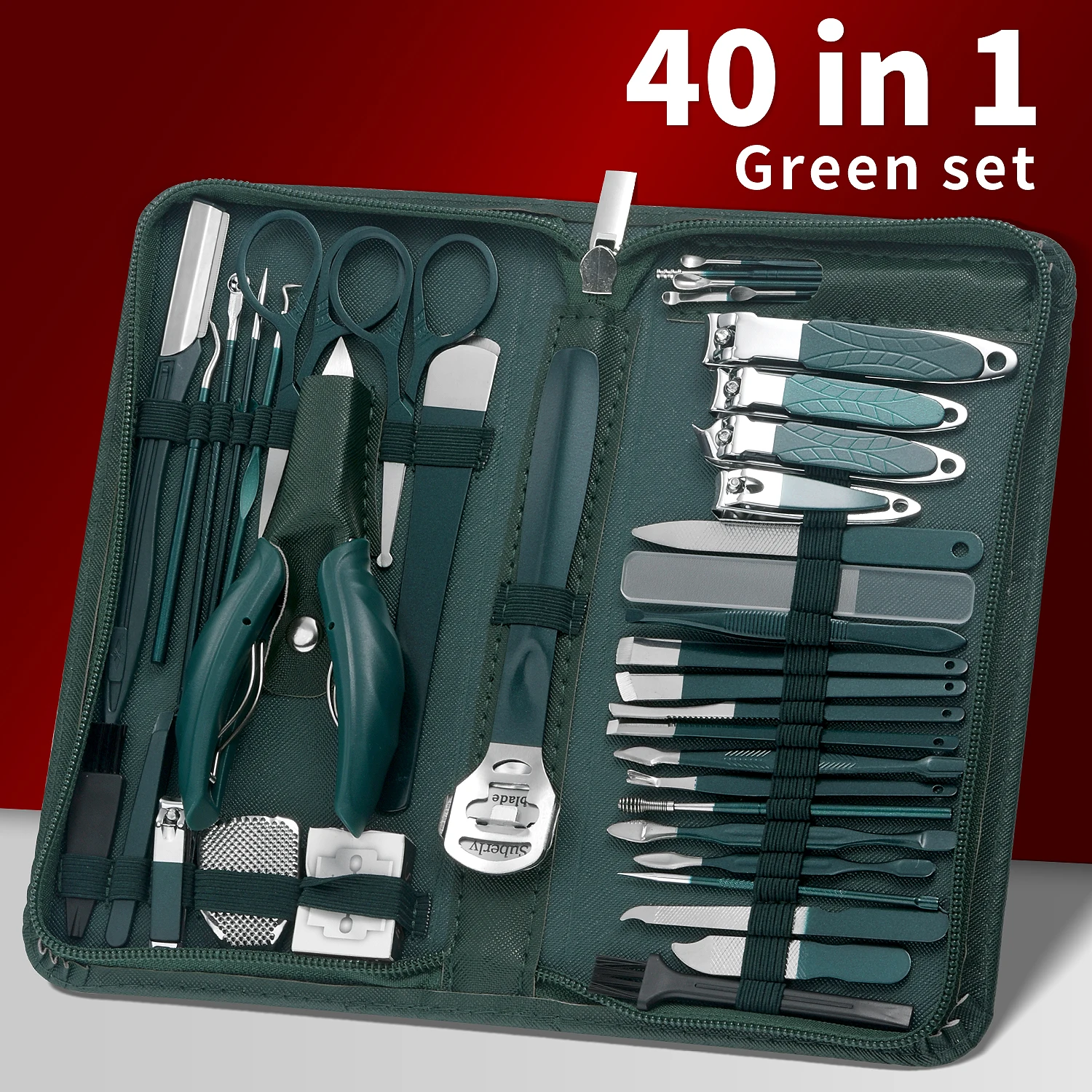 Manicure Set Pedicure Tools Set Nail Grooming Kit for Women Mens, 9/40Piece in 1（Dark Green） Nail Manicure Kit Foot Hand Care Ki