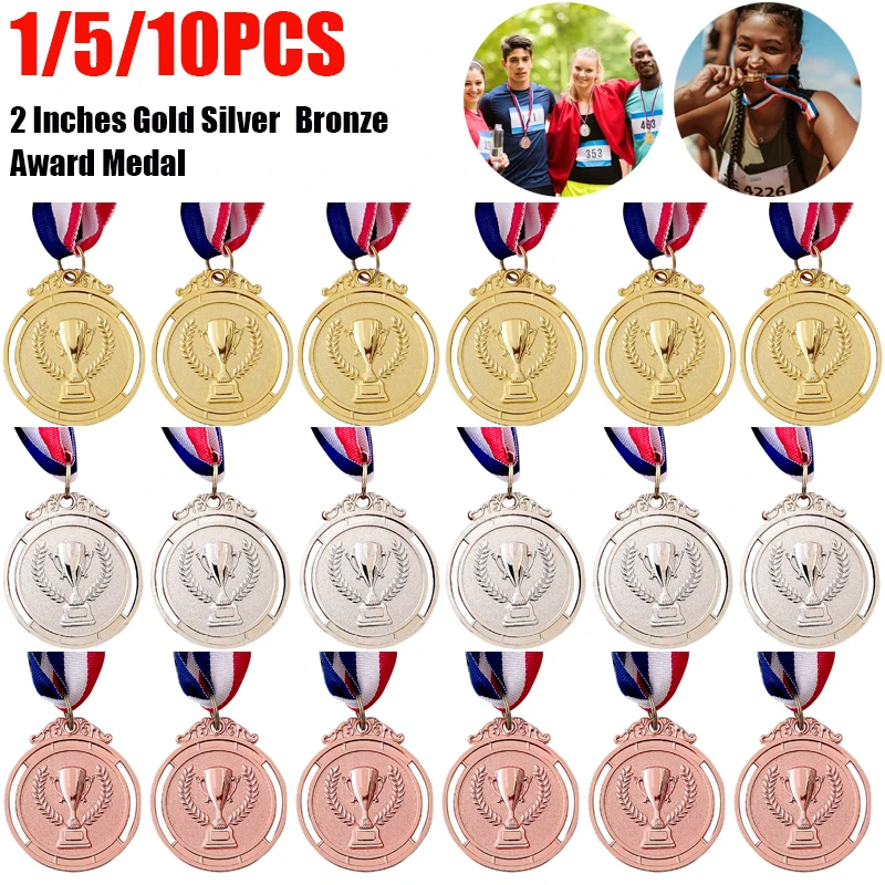 Winner Reward Gold Silver Bronze Award Medal Neck Ribbon 1st 2nd 3rd Prize Medal Round Competitions Party 1-10PCS
