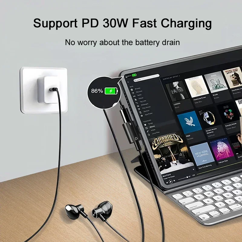 New Elbow USB Type C to 3.5mm Jack AUX Audio Headphone Converter Adapter Fast Charger 30W for Cell Phone Computer