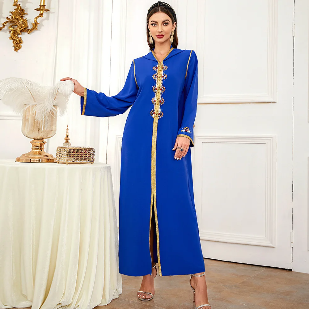 

Abaya For Women Royal Blue Gold Ribbon Hand Sewn Glass Beaded Dress Temperament Long Dress Djellaba Muslim Dubai Women Clothing