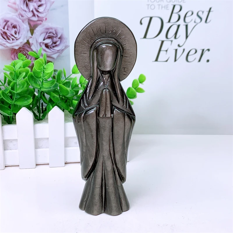 

16.4CM Natural Silver Obsidian Madonna Statue Carving Handmade Carved Crafts Figurine Healing Ornament Room Decor 1PCS