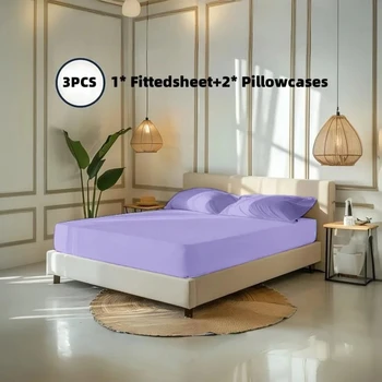 3PCS Solid Color Ultra-Fine Fiber Fitted Bed Sheet & Pillowcase Set 1