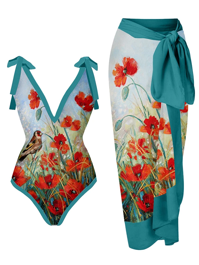

2023 Women's Deep V Retro Flower Print One-piece Swimsuit Blue Romantic Casual Bikini Fashion Swimwear Summer Vacation Beachwear