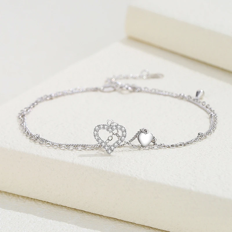 새로운 패션 하트 라인 석 CZ 펜던트 더블 레이어 Anklets 여성 쥬얼리 여름 지르콘 발 체인 팔찌