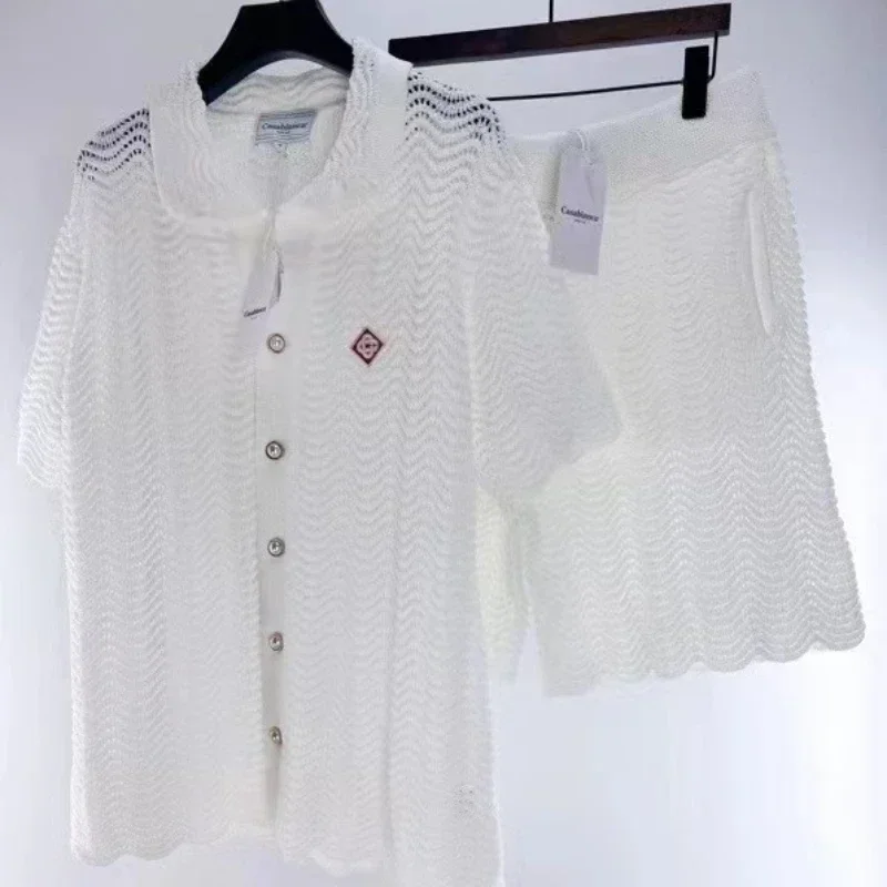 

24ss Oversized Casablanca White Knitted Cardigans Men Women 1:1 Top Quality Jacquard Sweaters Pearl Buttons Knitted Shirts