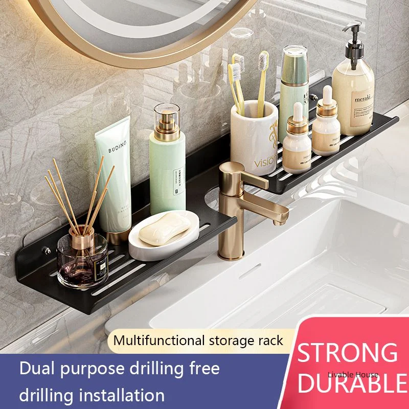 

Perforation-free multifunctional shelf for household kitchens, bathrooms, wash tables, faucet recesses, widened storage rack