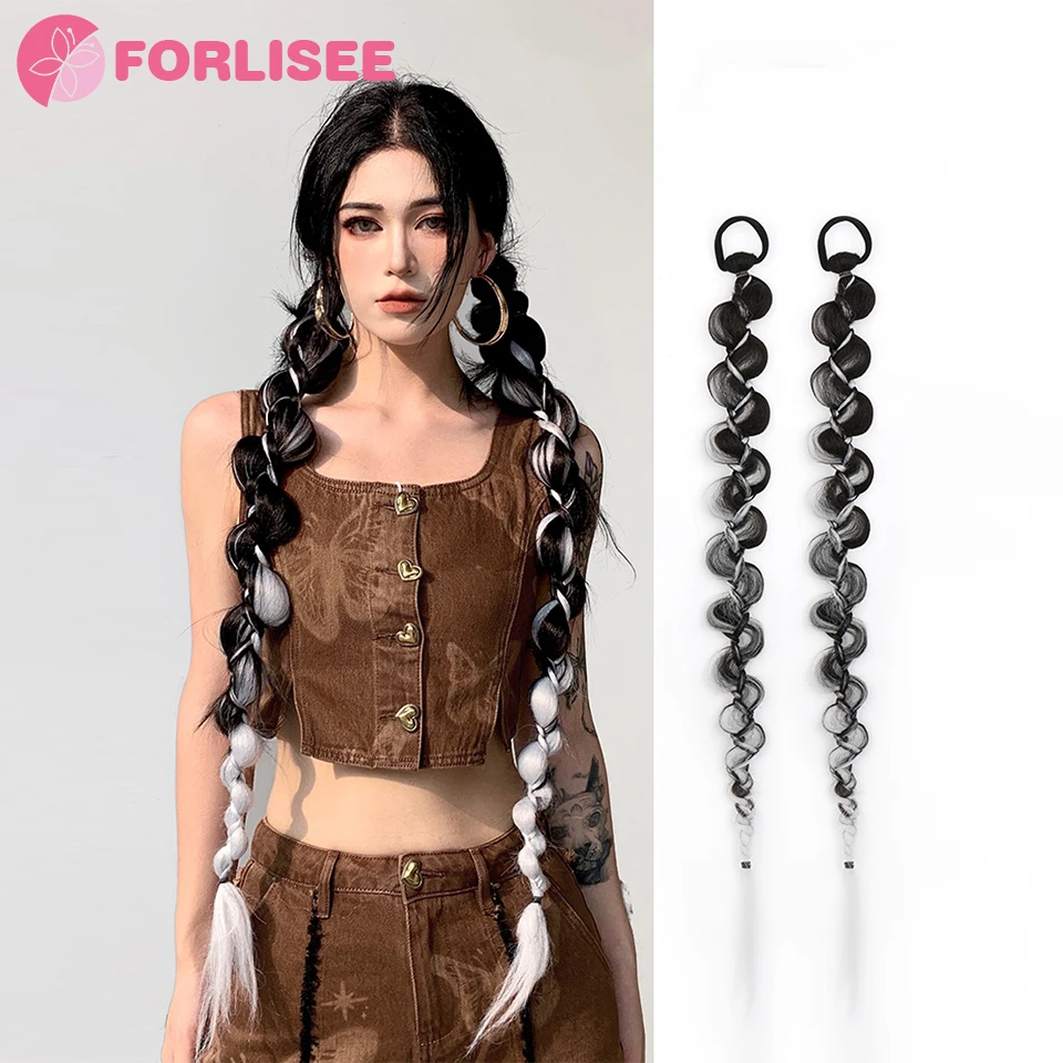 합성묶은 머리 합성 브레이드 포니테일 헤어 익스텐션, 고무 밴드 포함, 복싱 브레이드, 여성용 헤어 액세서리, 24 인치 긴 블랙 브레이드 8 여성용 복싱 프라이드 반죽 트위스트 브레이드, 긴 브레이드, 짜여진 스위트 쿨 스파이시 소녀 말꼬리 트위스트 더티 브레이드