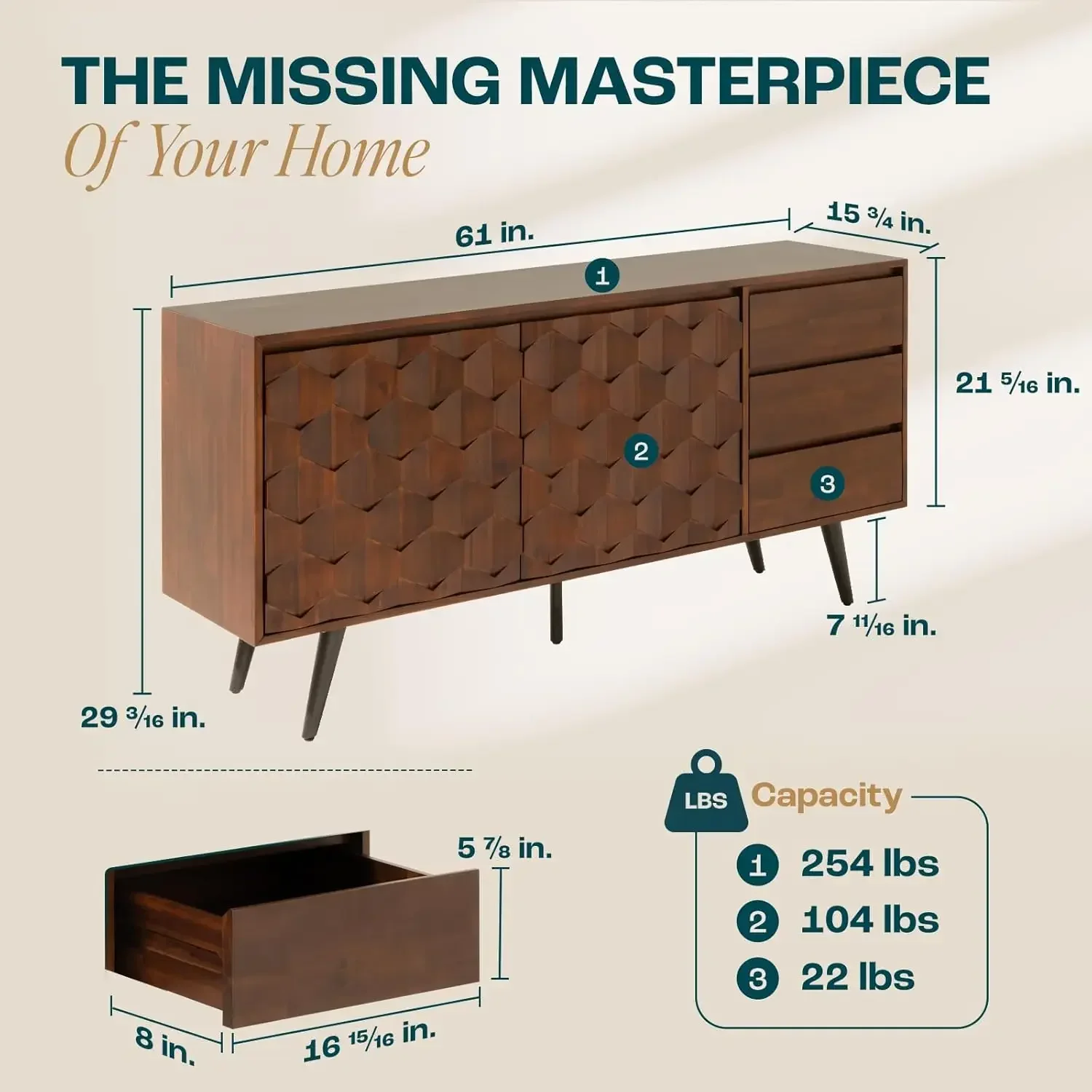 Sideboard Georgina Solid Wood 2 Doors & 3 Drawers, Cabinet with Geometric Pattern for Kitchen, Dining, Living Room