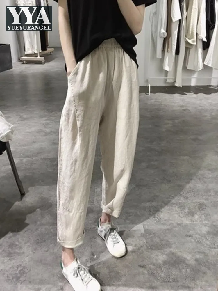 하라주쿠 여성용 린넨 바지, 고탄성 허리, 루즈핏 캐주얼 발목 길이 바지, 빈티지 하렘 바지, 여성 사이즈 4XL, 여름