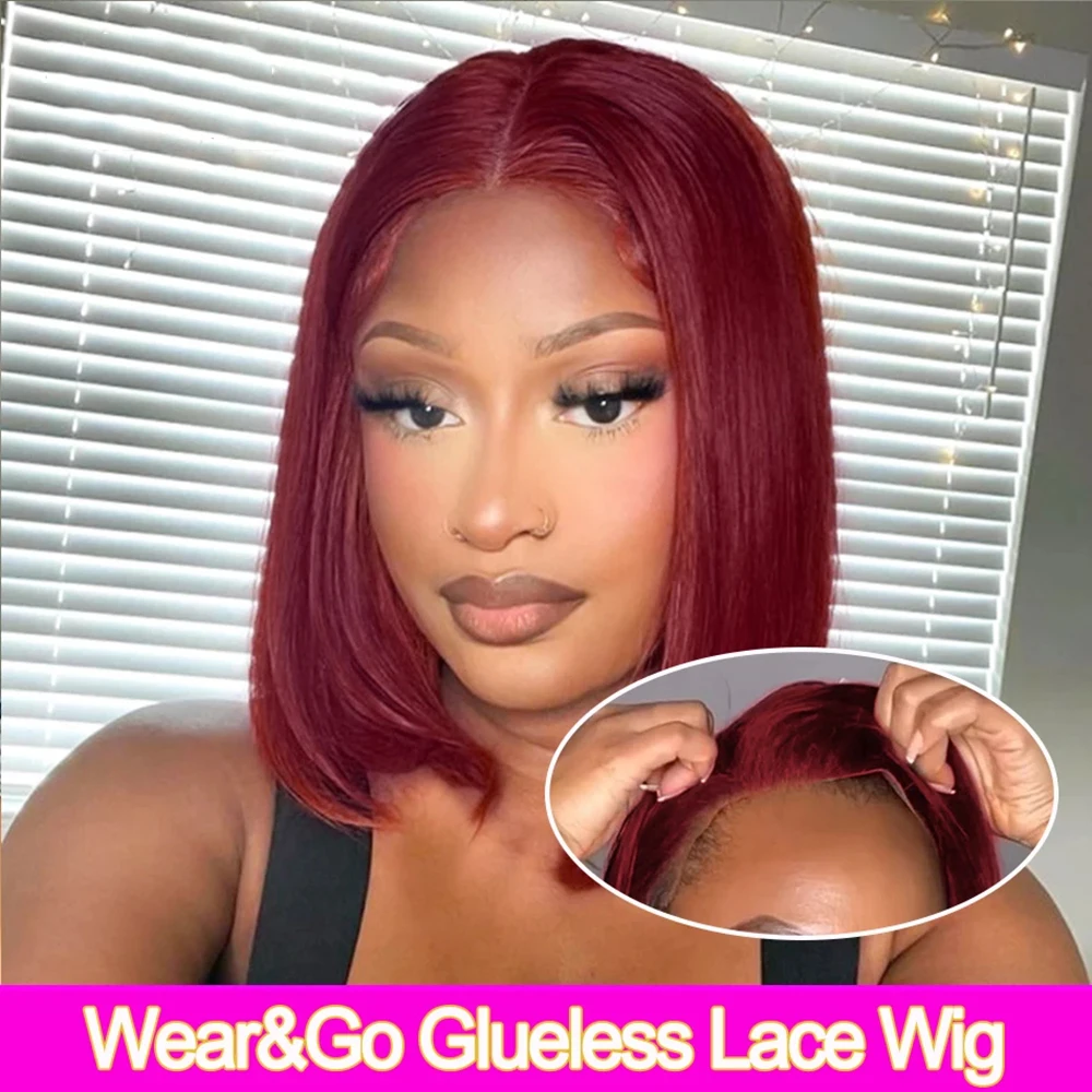 

99J Burgundy 6x4 HD Closure Wig Wear And Go Bob Wig Straight Bob Hair Wig Human Hair Wig Human Hair Ready To Wear For Women