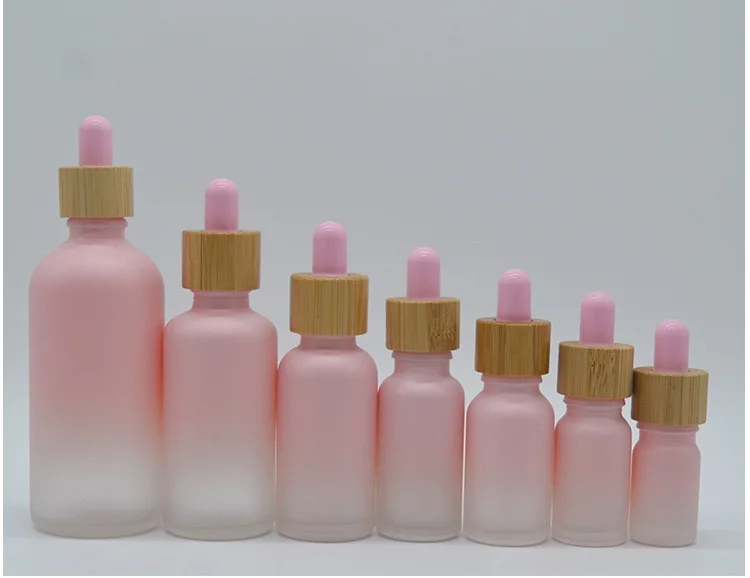 5X 5-100ml Frosted Gradient Pink Bamboo Cap Glass Dropper Bottles Essential Oil Perfume Refillable Bottles Glass Pipettes Vial 4