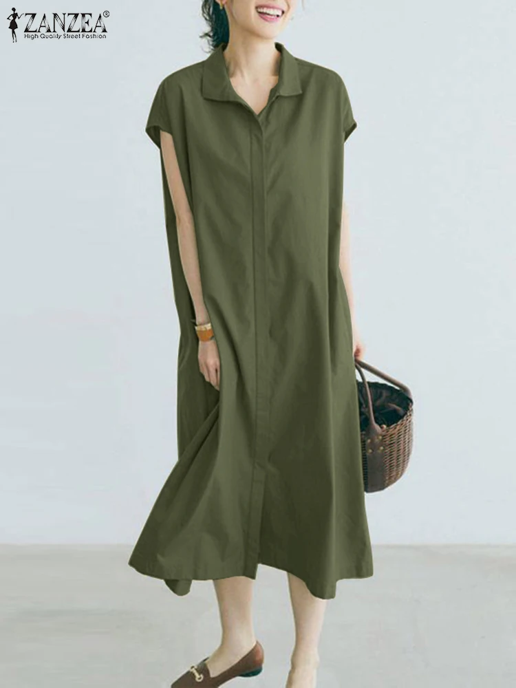 

Elegant Work OL Shirt Dress Women Summer Dresses ZANZEA Fashion Lapel Neck Sleeveless Holiday Vestidos Sundress Buttons Robe