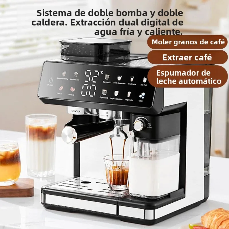 Máquina de café automática multifuncional de lujo, máquina de café comercial integrada con espumador de leche y molinillo.