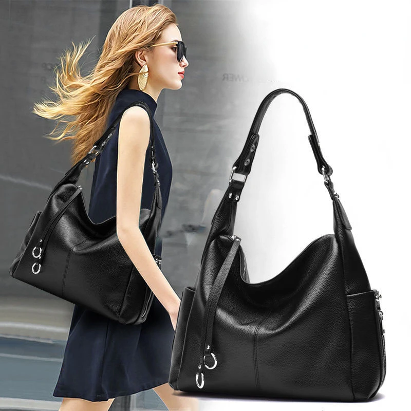 

Real Genuine Leather Women Bags New Fashion First Layer Cowhide Handbags Large Capacity Black Soft Tote Shoulder Bag