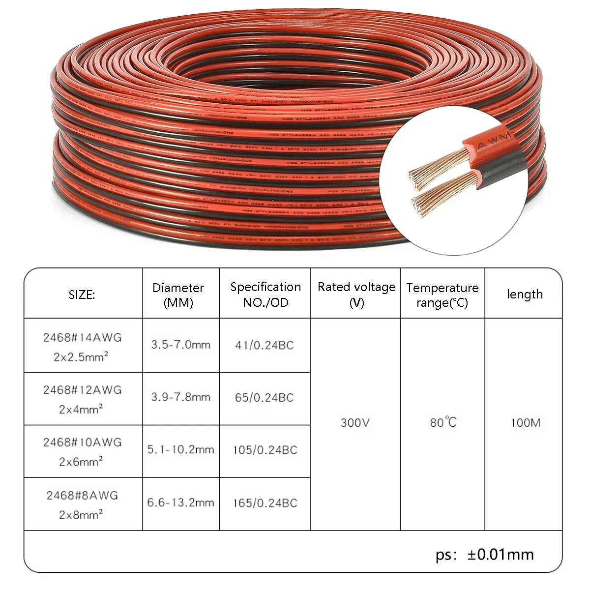 2Pin 자동차 스피커 와이어 1/3/5/10/20m 14/12/10/8AWG 순수 구리 연선 케이블 자동 오디오 증폭기 배터리 용 전기 와이어