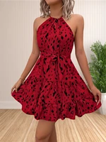 Women 2024 Summer Halter Neck Dresses Sleeveless Casual Floral Polka Dot Print Short Boho Ruffle Sundress - Image 4