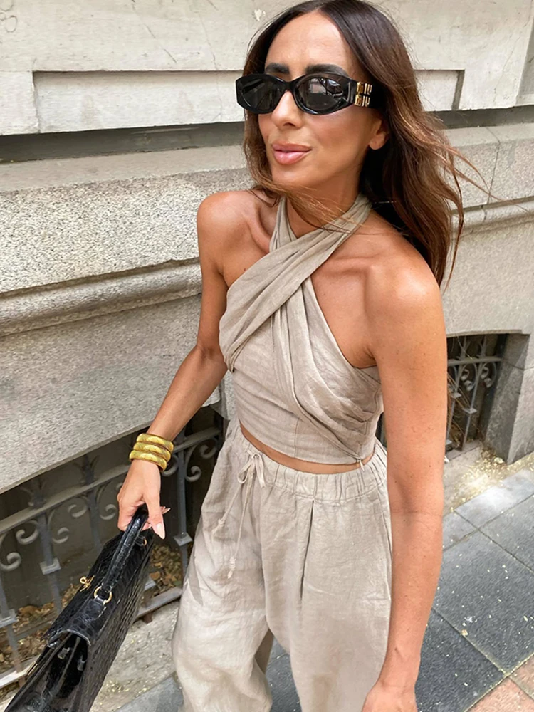 Soft Women Linen Pants Set 2023 Summer Fashion Ladies Elegant Loose Boho Two Piece Set Streetwear Female Chic Outfits Sexy 3