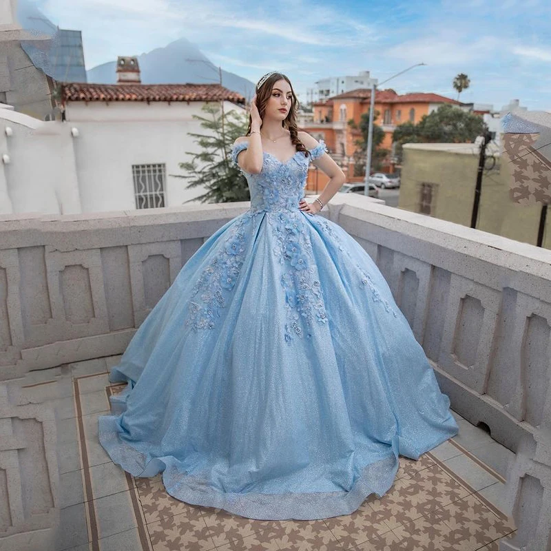 

ANGELSBRIDEP небесно-голубые платья Quinceanera блестящие бусины 3D Цветы аппликация Формальные Выпускные платья принцессы на день рождения 15 16