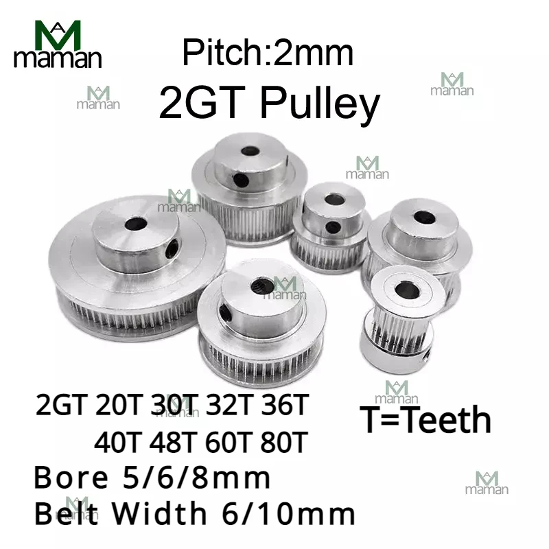 Timing Belt Pulley 2GT 20T 30T 32T 36T 40T 48T 60T 80 Teeth Bore 5/6/8mm Belt Width 6/10mm 3D Printer