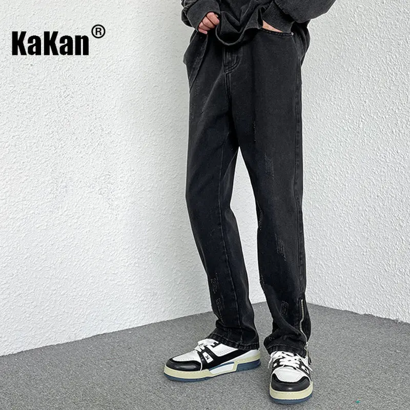 Kakan - New Side Split Street Jeans, Zippered Men's Buckle Straight Conduit Long Jeans K29-N693