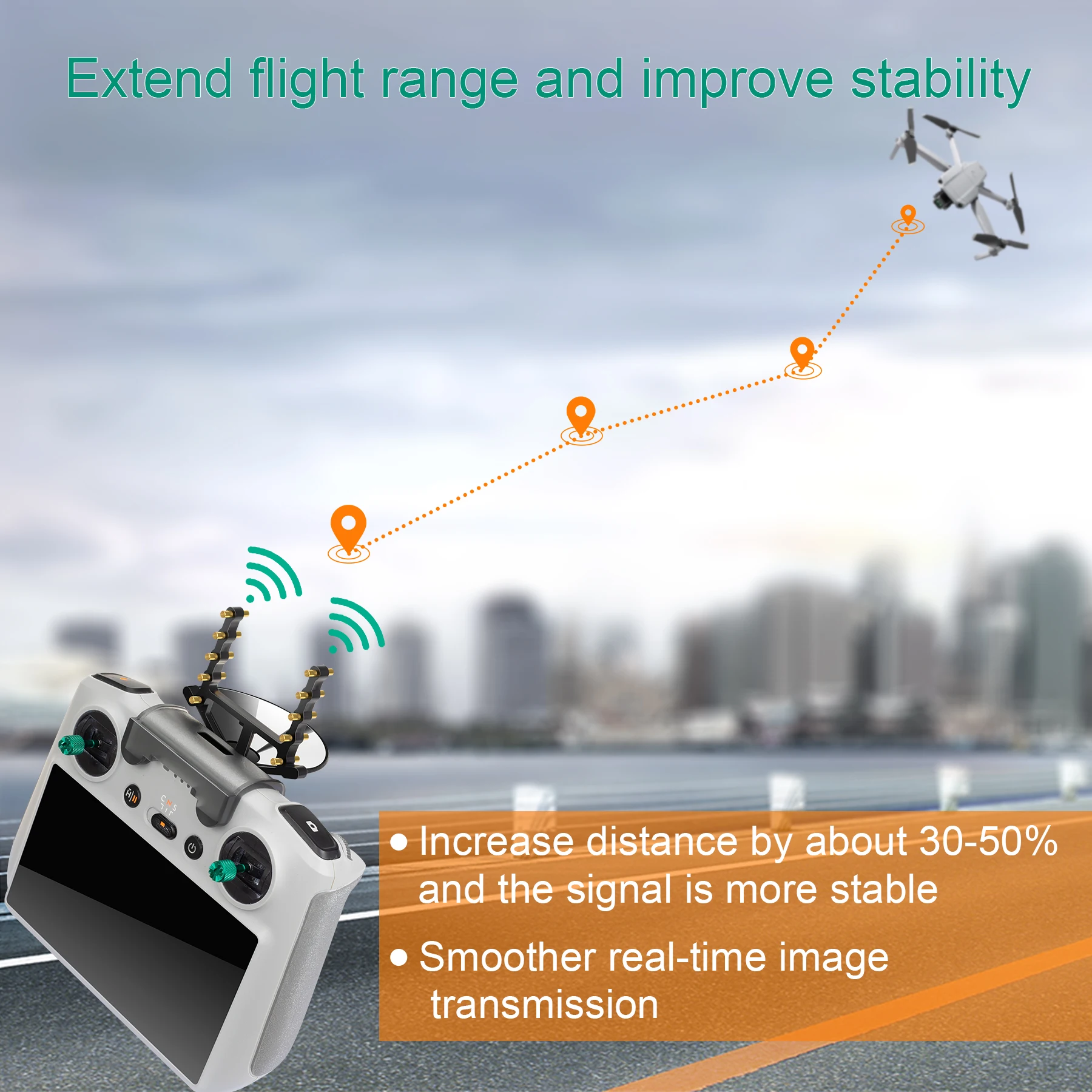 Gros plan sur l'antenne drone DJI RC boostée 2.4G/5.8G - Portée +50% - Combo A/B montrant les connecteurs et le câble.
