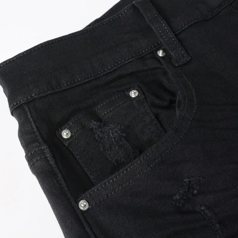 High Street Fashion Men Jeans Black Stretch Skinny Fit Buttons Fly Ripped Jeans Men Leather Patched Designer Hip Hop Brand Pants