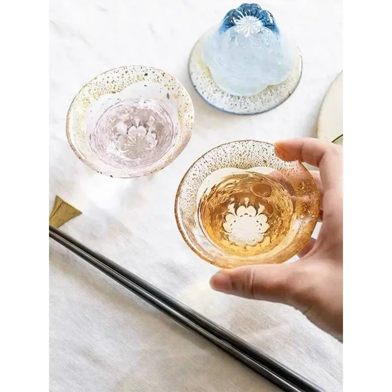 Japanese Sake Cup Fuji Mountain Lucky Cherry Blossom Cup Handmade Gold Foil Glass Cups Tea Household Gold Foil Small Cups