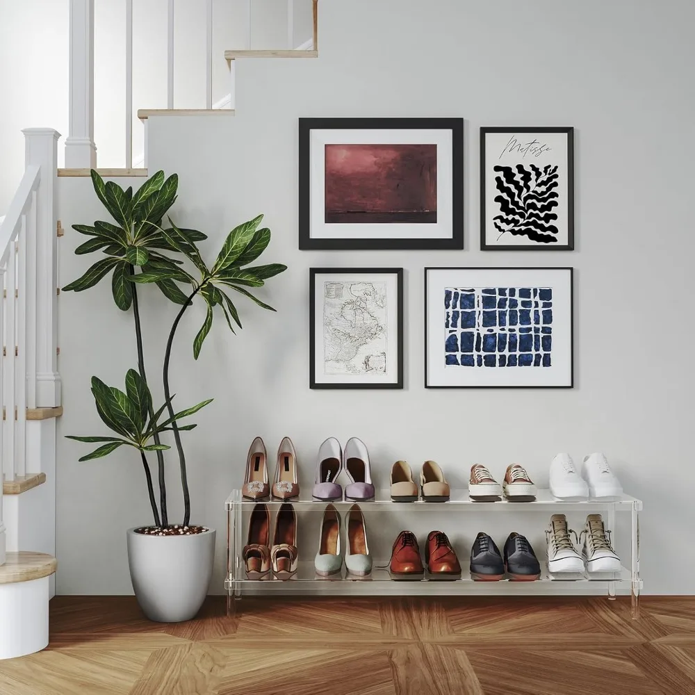 acrylic long shoe rack - 2 tier shoe organizer for closet- wide shoe shelf clear shoes rack for entryway, 42.7'' l x 11.8'' w x