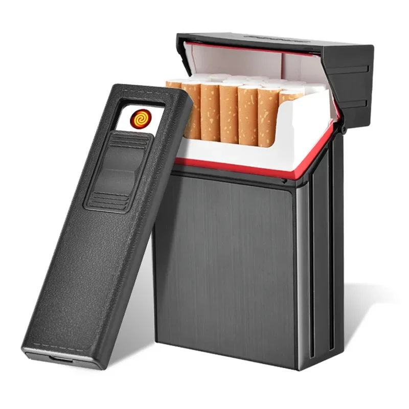 

20Pcs Metal Cigarette Holder Box with Removable USB Rechargeable Lighter Flameless Windproof Tobacco Cigarette Case Lighter Gift