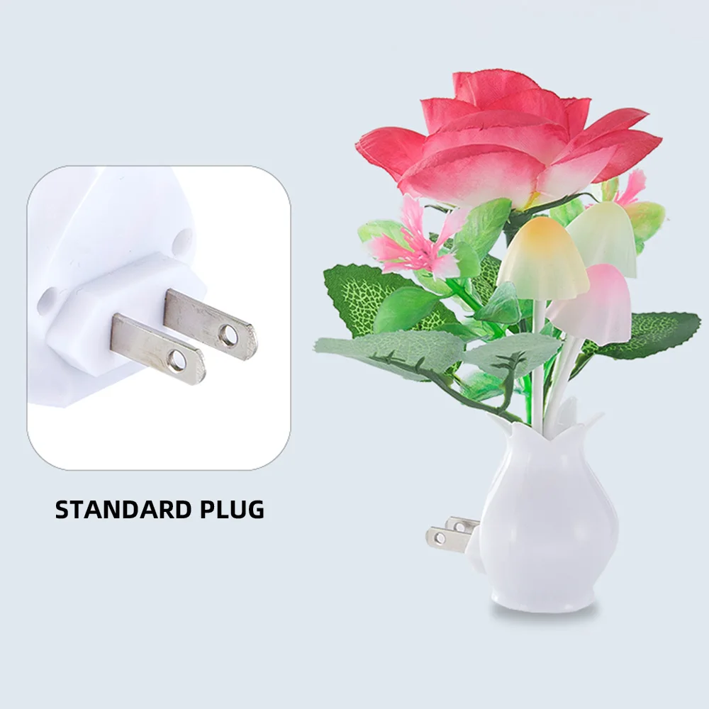 LED Night Light Sensor Plug-in Auto Switch Rose Flower Luminous Vase Night Light Wall Bedroom Living Room 1Pc