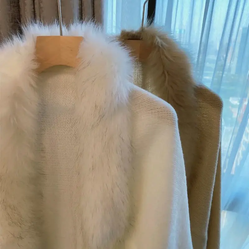 Knitted Shawl Fur Collar Coat Autumn and Winter Large Size Loose Warm Cloak Wool Coat Winter 2023 Shawl for Women Elegance Wear