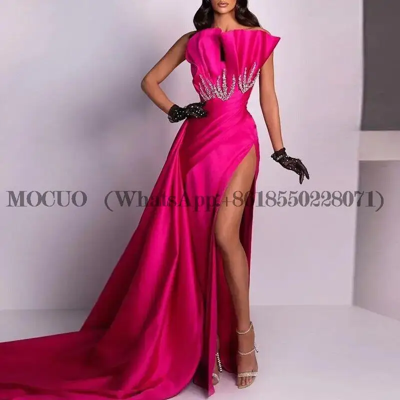 

Pink Crystal Evening Dresses Ruched Side Slit Dubai Bodycon Formal Prom Gowns Pleated Mermaid Beadings Party Gown Custom