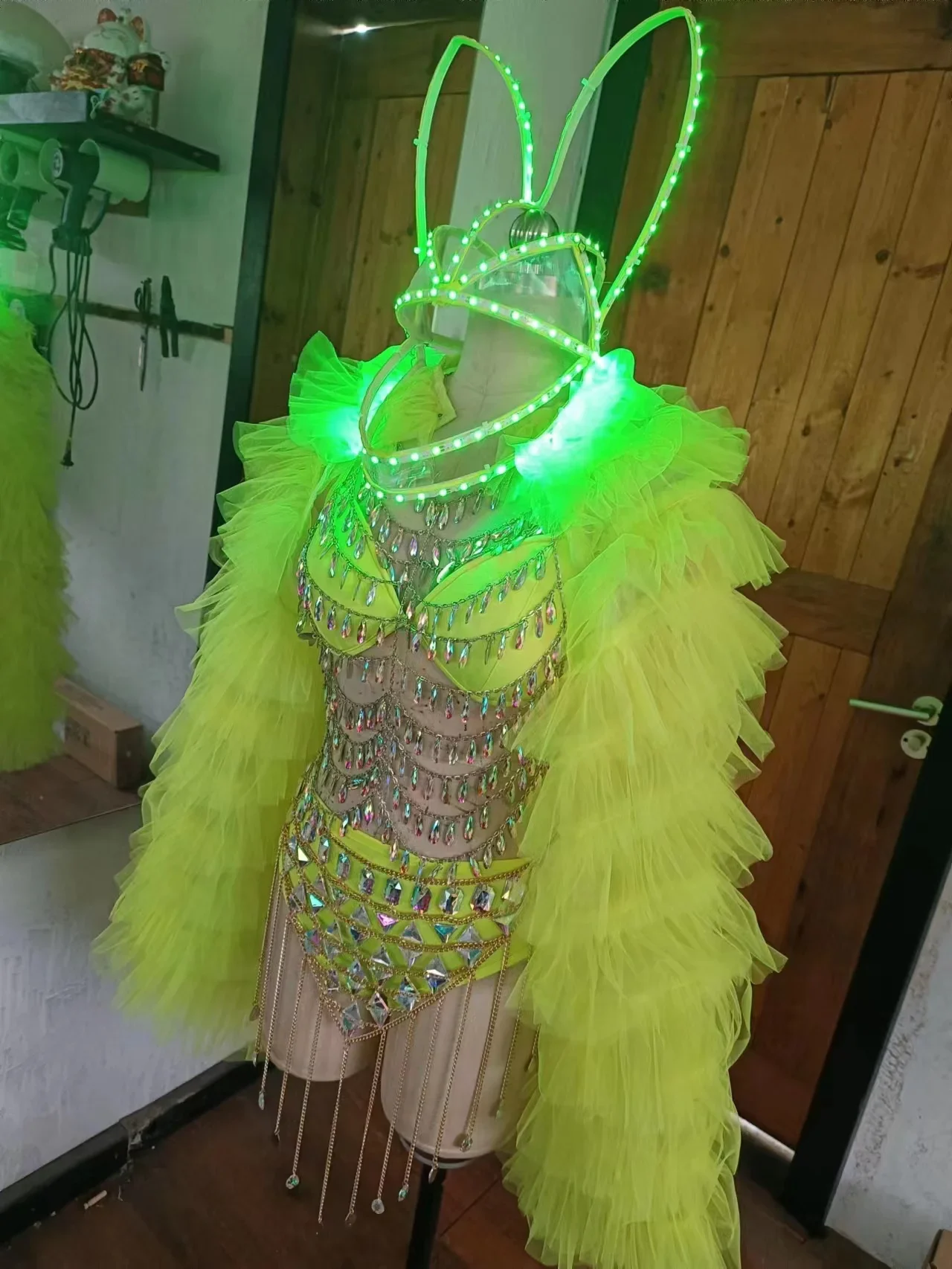 

Luminous hollow Rhinestone Burning Man Rave Party fluorescent candy stage performance DS dance costume