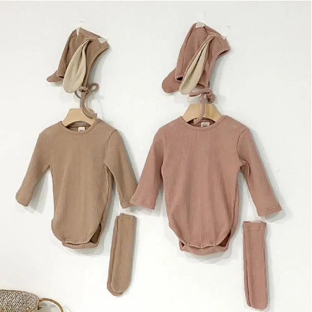 Cotton Solid Rabbit Romper Sets Ribbed Texture 3 Pieces Set Baby Bodysuit Solid Color Ear Hat 3D Bunny Ear Casual Wear