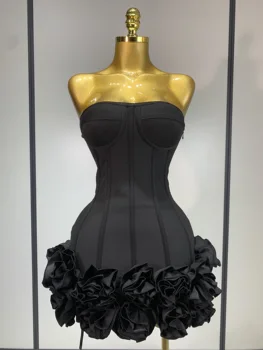 Women Evening Bandage Dress Strapless Bodycon Flowers Mini Celebrity Sexy Birthday Party Dresses Photo Shoot Nightclub Outfit