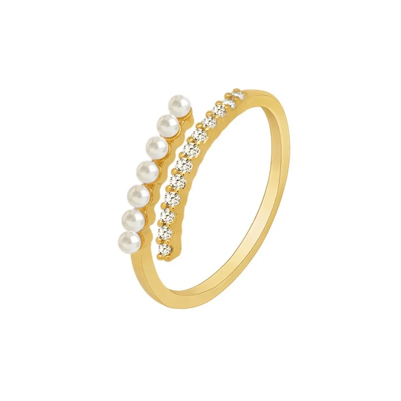 14K Gold Plated Simulated-pearl Beaded Ring for Women Statement Stackable Open Rings 2024 New Trendy Jewelry Accessory