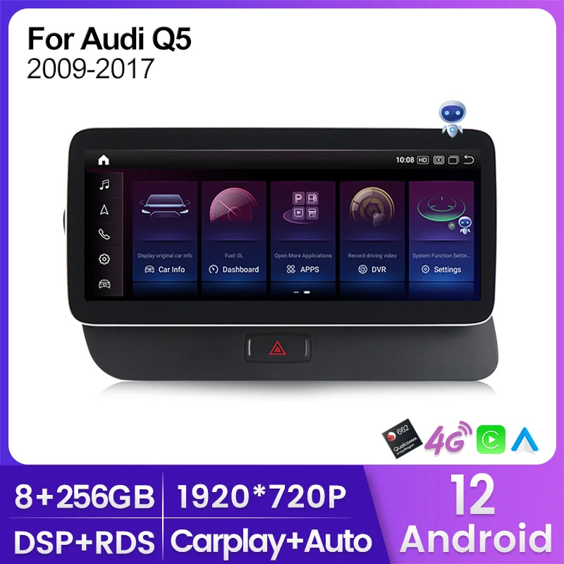 Android 13 Radio12.3 1920*720P 8 Core Car Multimedia Player For Audi Q5  2009 - 2017 RHD BT Carplay Auto WIFI 4G GPS Navigation