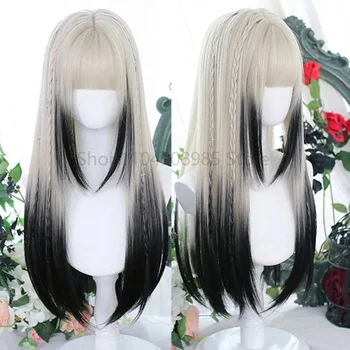 parrucca sintetica da donna con capelli lisci lunghi, parrucca grigia sfumata argento, parrucca cosplay lolita con frangia, parrucca da festa 2025