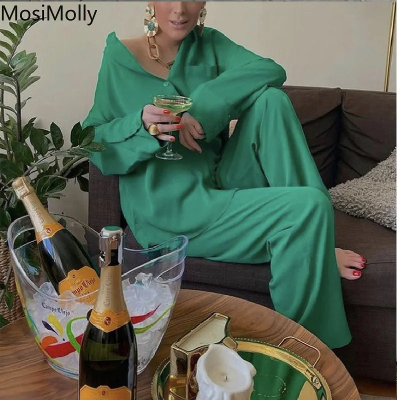 MosiMolly 2022 Women Sets Sleep style Loose Casual Sets Blouses Pants Sets Long Romper Jumpsuit Pajamas