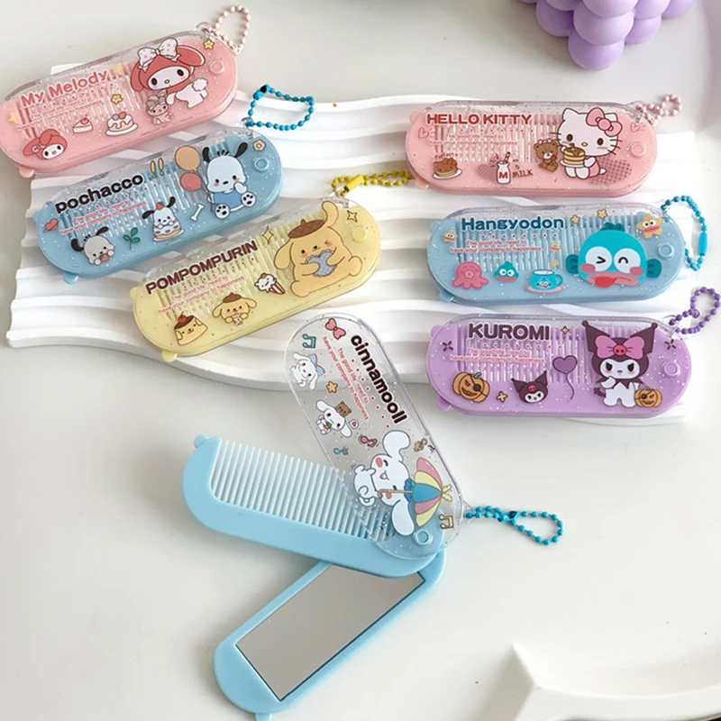 Sanrio Hello Kitty Folding Mirror W/Comb Cinnamoroll Kuromi Melody Mini Portable Makeup Mirror Kid Gifts 2