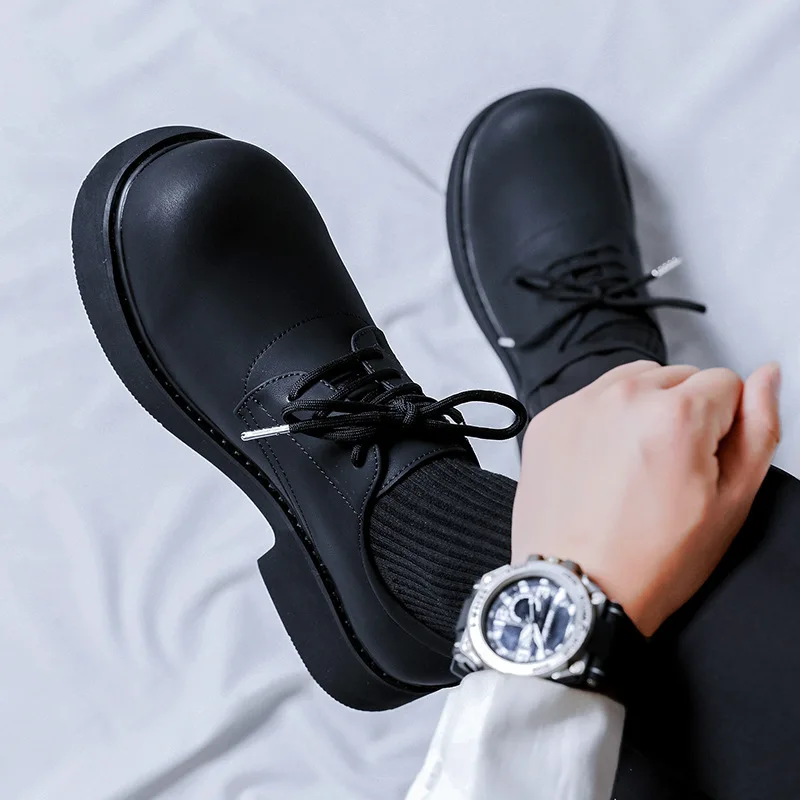 

men's fashion original leather shoes lace-up big toe platform shoe party nightclub dress black trendy youth gentleman footwear