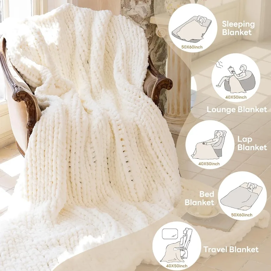 Luxury Soft Cozy Extra Large Chunky Knit Throw Blanket in Milk White 80 x 90 Inches 100 Woven Rope Knot Design for Couch Sofa H