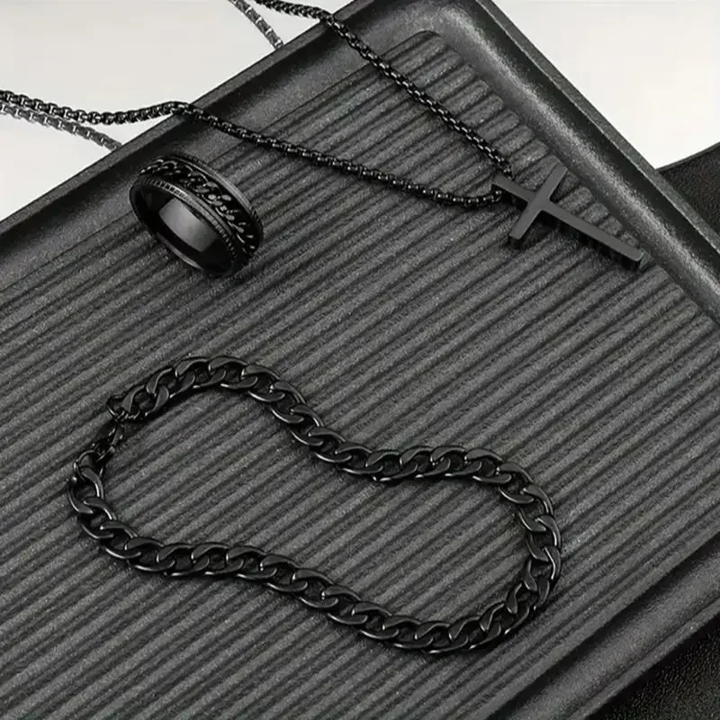 3pcs Stainless Steel Cuban Chain Bracelet Necklace Ring Set for Men