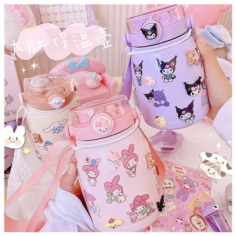 

Kawaii соломенный термос из нержавеющей стали, чашка для студентов и детей, портативная большая емкость, большая чашка для живота, отправляется Sanrios, аниме 3D наклейка