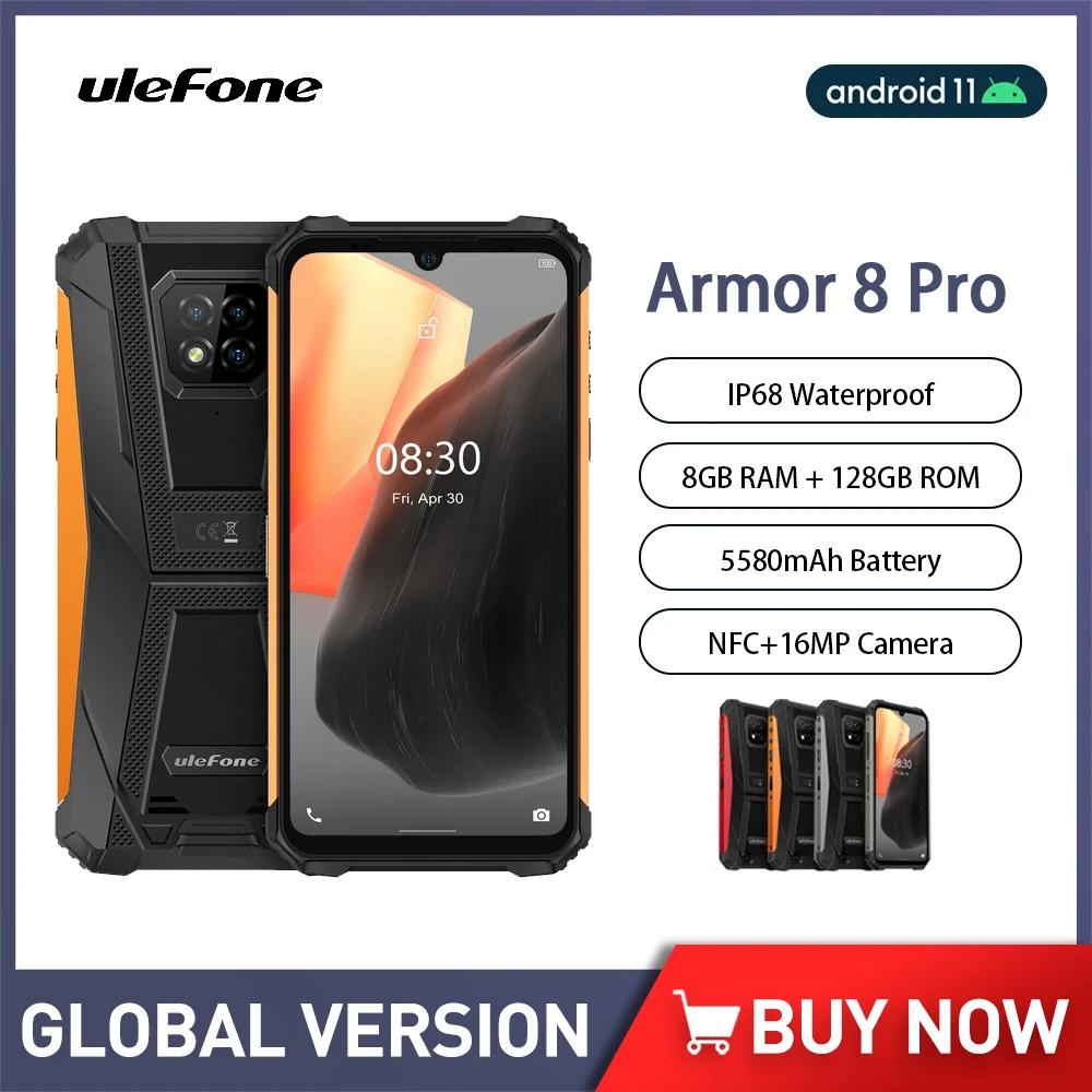 

Глобальная версия Ulefone Armor 8 Pro прочный телефон 6,1 "8 ГБ + 128 ГБ IP68 водонепроницаемый смартфон Android 11 5580 мАч 4G мобильный телефон NFC