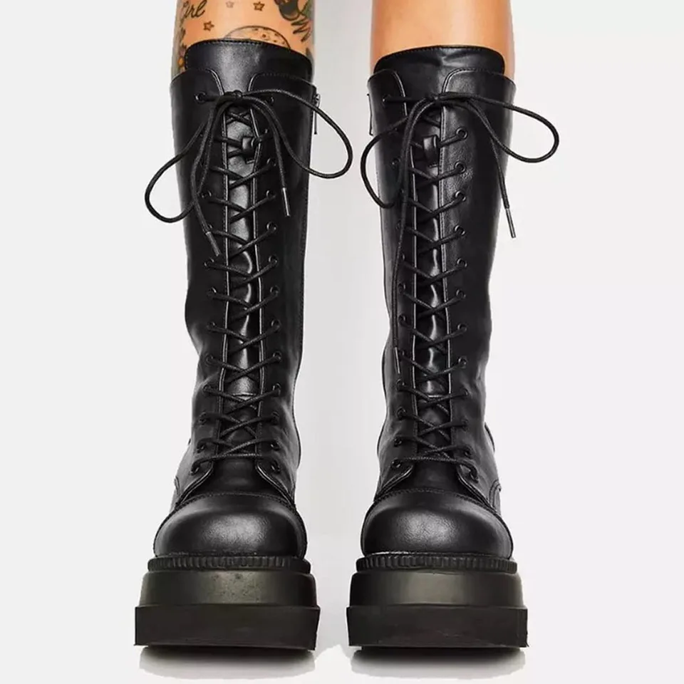Gothic Fashion Round Toe Lace Up Mid Calf Boots