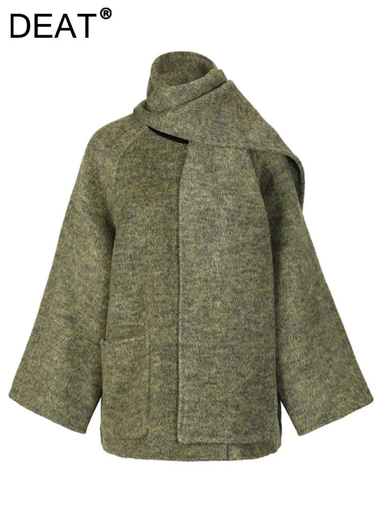 

Женское шерстяное пальто DEAT, однобортное теплое Свободное пальто со съемным воротником-шарфом и карманами, весна 2024