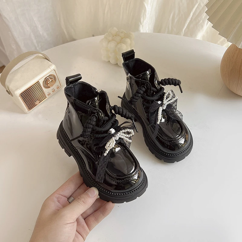 Leather Ankle Boots for Girls with Lace Bow