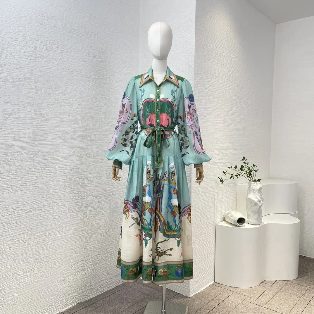 

High Quality Latest Collection Animal Printed Ramie Lantern Sleeve Turn-down Sleeve Green Midi Dress for Women