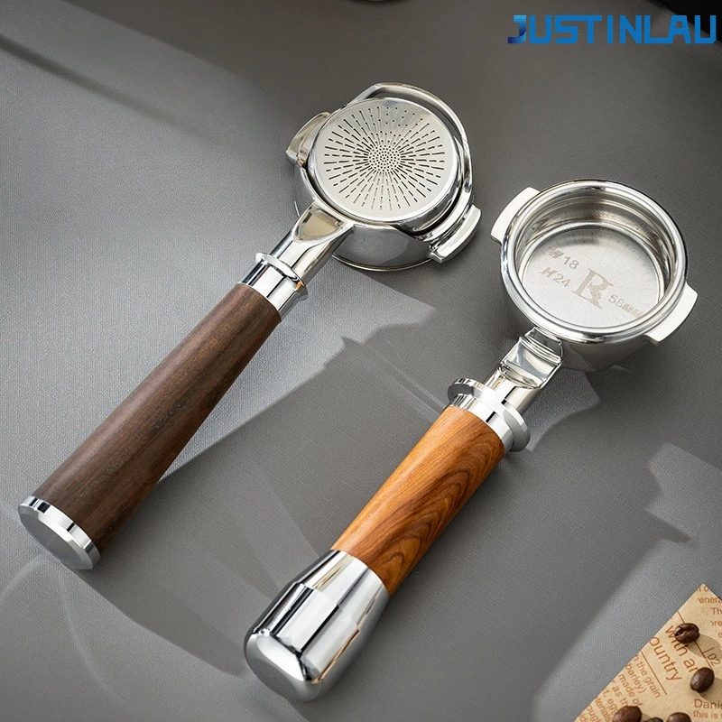 JUSTINLAU 58mm E61 Baseless Stainless Steel/Wooden Handle Espresso Filter Basket for Home, Cafe, and Barista
